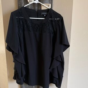 Dressy Eloquii black sleeveless top w/ ruffled sides, sz 20, black lace front.